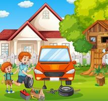 Outdoor scene with dad and son fixing a car together vector