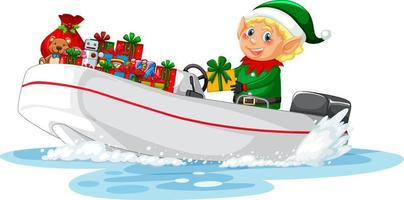Christmas elf on the boat with his gifts vector