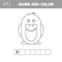crucigrama de pingüino de dibujos animados. juego de impresión de nombre y color vector