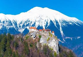 Aerial view of the medieval castle built on the rock with snowy Alps in the background. Lake Bled in Slovenia. Sunny day, clear blue sky