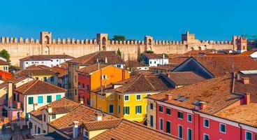 Panorama of the walled city. Colored houses in Cittadella. Fortress-town in Italy. Province of Padua, Padova