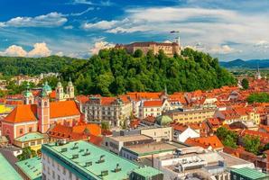 Aerial panorama of Ljubljana, Slovenia. Beautiful cityscape with old historical buildings and a medieval castle on the hill