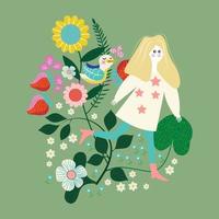 The girl in the flower garden vector