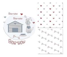 Cute dog near dogs house. Two simple seamless patterns for childish clothes, surface design. Vector illustration.