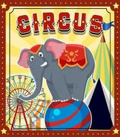 Diseño de banner de circo con elefante en equilibrio sobre pelota. vector