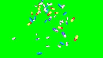 comprimidos e cápsulas caindo sobre fundo de tela verde. aplica-se a conceitos médicos e de farmácia. Renderização 3d