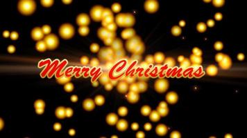 Merry Christmas text greeting on black background with particles and falling luminous stars in motion.