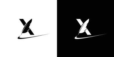 el diseño del logotipo inicial de la letra x, una combinación de un bolígrafo de plumas de ganso, es único y atractivo vector