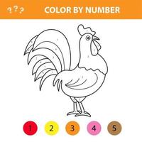 Color by number for children - farm animals rooster, cock vector