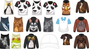 conjunto de diferentes camisetas y accesorios con estampados de animales. vector