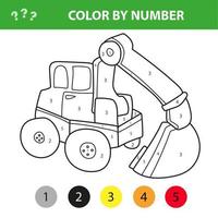 Color by number educational game for kids. Cartoon excavator. vector