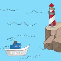 Faro en la ilustración de vector de fondo de dibujos animados de playa de océano o mar