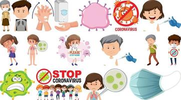 personaje de dibujos animados y objetos aislados de vacunación coronavirus vector