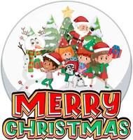 Children in snowdome with Merry Christmas logo vector