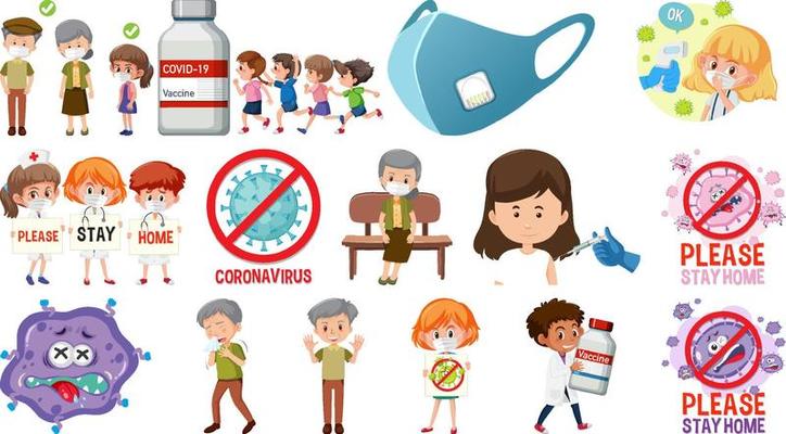 Cartoon character and Coronavirus vaccination isolated objects