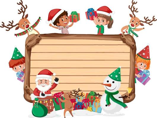 Empty wooden board with kids in Christmas theme