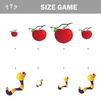 Matching children educational game. Match of cartoon worm and apple to size vector