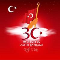 tarjeta de celebración nacional de turquía, insignia, pancarta o póster diseño vectorial 30 agustos zafer bayrami kutlu olsun, traducción al inglés, feliz 30 de agosto, día de la victoria vector