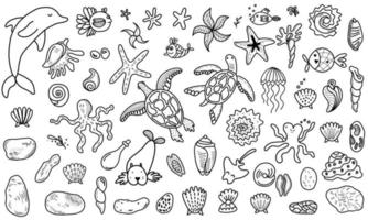 Various marine animals and fish. vector illustration in doodle style