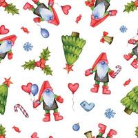 Seamless repetitive pattern with cute Christmas gnomes and fur trees and decorations depicted on white background vector