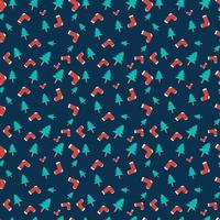 Christmas repeat pattern created with socks and Christmas tree on dark greenish blue background, Hand drawn vector repeat pattern for textile, gift wrapper, fabric, web backdrop and packaging.