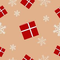 Christmas repeat pattern created with red gift box tied with light color ribbon and snow flakes, Hand drawn Swatch pattern for textile, gift wrapper, fabric, web backdrop and packaging. vector