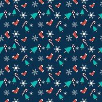 Christmas theme repeat pattern created with elements like Christmas tree, socks, snowflakes, candy cane Hand drawn vector repeat pattern for textile, fabric, gift wrapper, packaging and web backdrop.