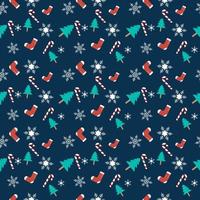 Christmas theme repeat pattern created with elements like Christmas tree, socks, snowflakes, candy cane Hand drawn vector repeat pattern for textile, fabric, gift wrapper, packaging and web backdrop.