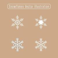 Ilustración de vector de copos de nieve, cuatro tipos diferentes de elementos de copo de nieve creados sobre fondo plano.
