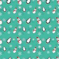 Christmas theme seamless repeat pattern created with elements like penguin, snowmen and snowflakes, Hand drawn vector repeat pattern for textile, fabric, gift wrapper, packaging and web backdrop.