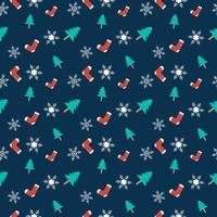 Christmas theme seamless repeat pattern created with elements like Christmas tree, socks and snowflakes, Hand drawn vector repeat pattern for textile, fabric, gift wrapper, packaging and web backdrop.