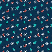 Christmas theme seamless repeat pattern created with elements like Christmas tree, socks and snowflakes, Hand drawn vector repeat pattern for textile, fabric, gift wrapper, packaging and web backdrop.