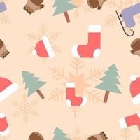 Christmas theme seamless repeat pattern created with elements like gloves, socks, Christmas tree ski skates, Hand drawn vector pattern swatch for textile, fabric, gift wrapper, packaging and backdrop