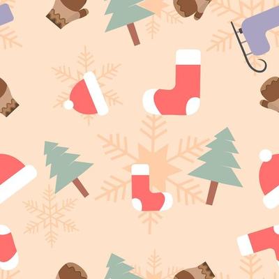 Christmas theme seamless repeat pattern created with elements like gloves, socks, Christmas tree ski skates, Hand drawn vector pattern swatch for textile, fabric, gift wrapper, packaging and backdrop