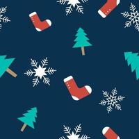 Christmas theme seamless repeat pattern created with elements like Christmas tree, socks and snowflakes, Hand drawn vector pattern swatch for textile, fabric, gift wrapper, packaging and web backdrop.