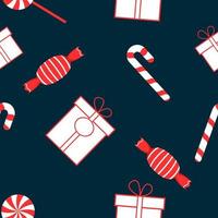 Ilustración de muestra de repetición de tema navideño con elementos como caja de regalo, bastón de caramelo, caramelo, piruleta, muestra de repetición de vector dibujado a mano para textil, tela, envoltorio de regalo, telas, papel tapiz y pancarta.