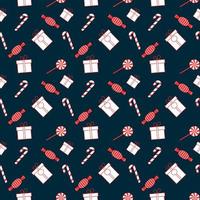 Ilustración de patrón de repetición de tema de Navidad con elementos como caja de regalo, bastón de caramelo, caramelo, piruleta, patrón de repetición de vector dibujado a mano para textil, tela, envoltorio de regalo, telas, papel tapiz y pancarta.