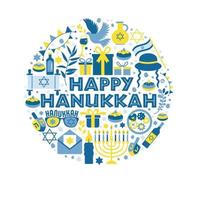 Jewish holiday Hanukkah greeting card traditional Chanukah symbols - wooden dreidels spinning top and Hebrew letters, donuts, menorah candles, oil jar, star David illustration in circle. vector