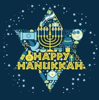 Jewish holiday Hanukkah greeting card traditional Chanukah symbols - wooden dreidels spinning top and Hebrew letters, donuts, menorah candles, oil jar, star David illustration. vector