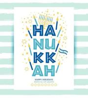 Jewish holiday Hanukkah greeting card and invitation traditional Chanukah symbols. Lettering headline on seamless pattern. vector