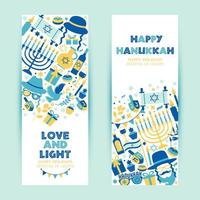 Fiesta judía de hanukkah banner e invitación símbolos tradicionales de Janucá. vector