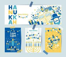 Set of colors four Hanukkah greeting cards and banner with candles, dreidel, Jewish star, oil, menorah, donut, cupcake, confetti, letters. Layout for Festival of Lights. vector