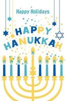 Jewish holiday Hanukkah greeting card traditional Chanukah symbols - menorah candles, star David illustration on blue. vector