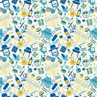 Jewish holiday Hanukkah seamless pattern with Chanukah symbols -dreidels spinning top, donuts, menorah candles, oil jar, star David illustration. vector