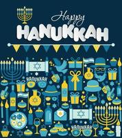 Jewish holiday Hanukkah greeting card traditional Chanukah symbols- dreidels spinning top, donuts, menorah candles, oil jar, star David illustration in wreath. vector