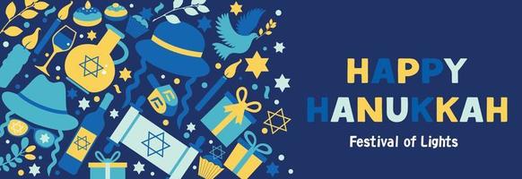 Jewish holiday Hanukkah web banner dark blue set and invitation traditional Chanukah symbols. vector