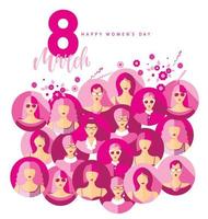 International Women s Day. Vector illustration with women faces and 8march.