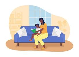 Raising bookworm kid 2D vector isolated illustration. Mother reading book to male child flat characters on cartoon background. Spending time together. Cognitive skills development colourful scene