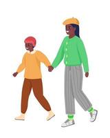 Mamá feliz con hijo en personajes de vector de color semi plano a pie. figuras dinámicas. personas de cuerpo entero en blanco. Ilustración de estilo de dibujos animados moderno aislado de invierno para diseño gráfico y animación