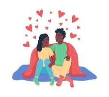 pareja abrazándose personajes vectoriales de color semi plano. figuras sentadas. personas de cuerpo entero en blanco. Relación romántica aislada ilustración moderna de estilo de dibujos animados para diseño gráfico y animación vector